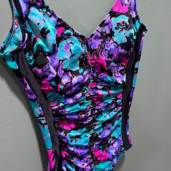 Maxine of Hollywood Floral One Piece Swimsuit Purple Turquoise Pink - Picture 2 of 5